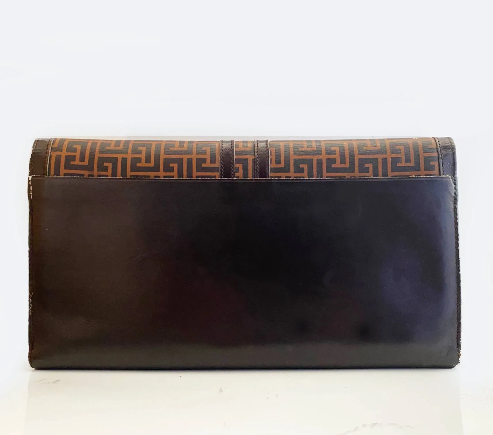 1970s Pierre Balmain Brown Geometric Print Leather Travel Wallet