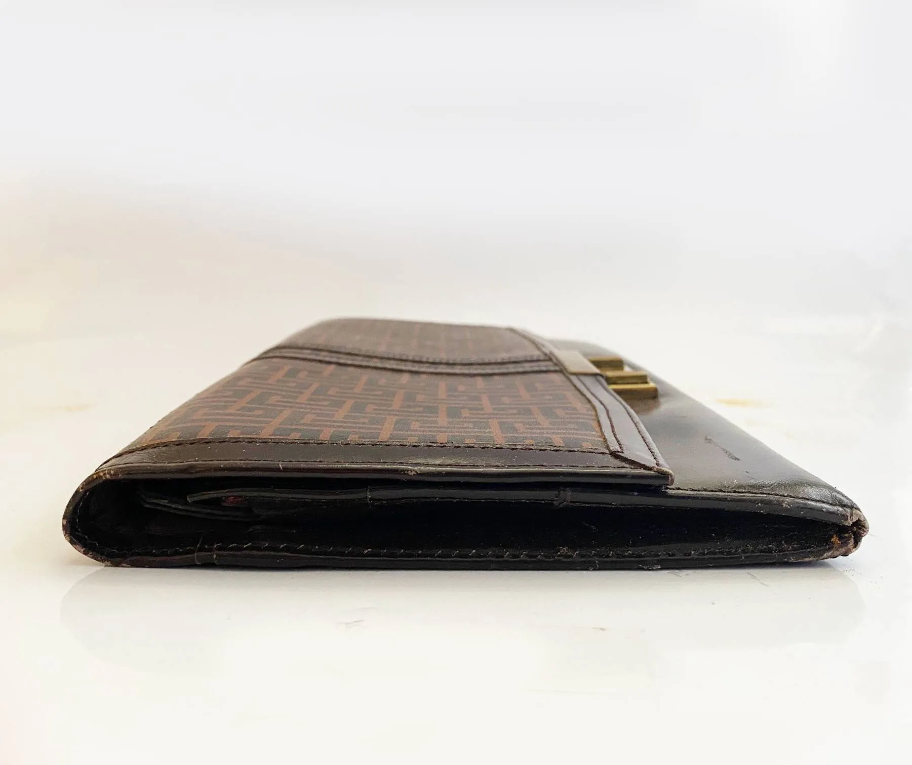 1970s Pierre Balmain Brown Geometric Print Leather Travel Wallet