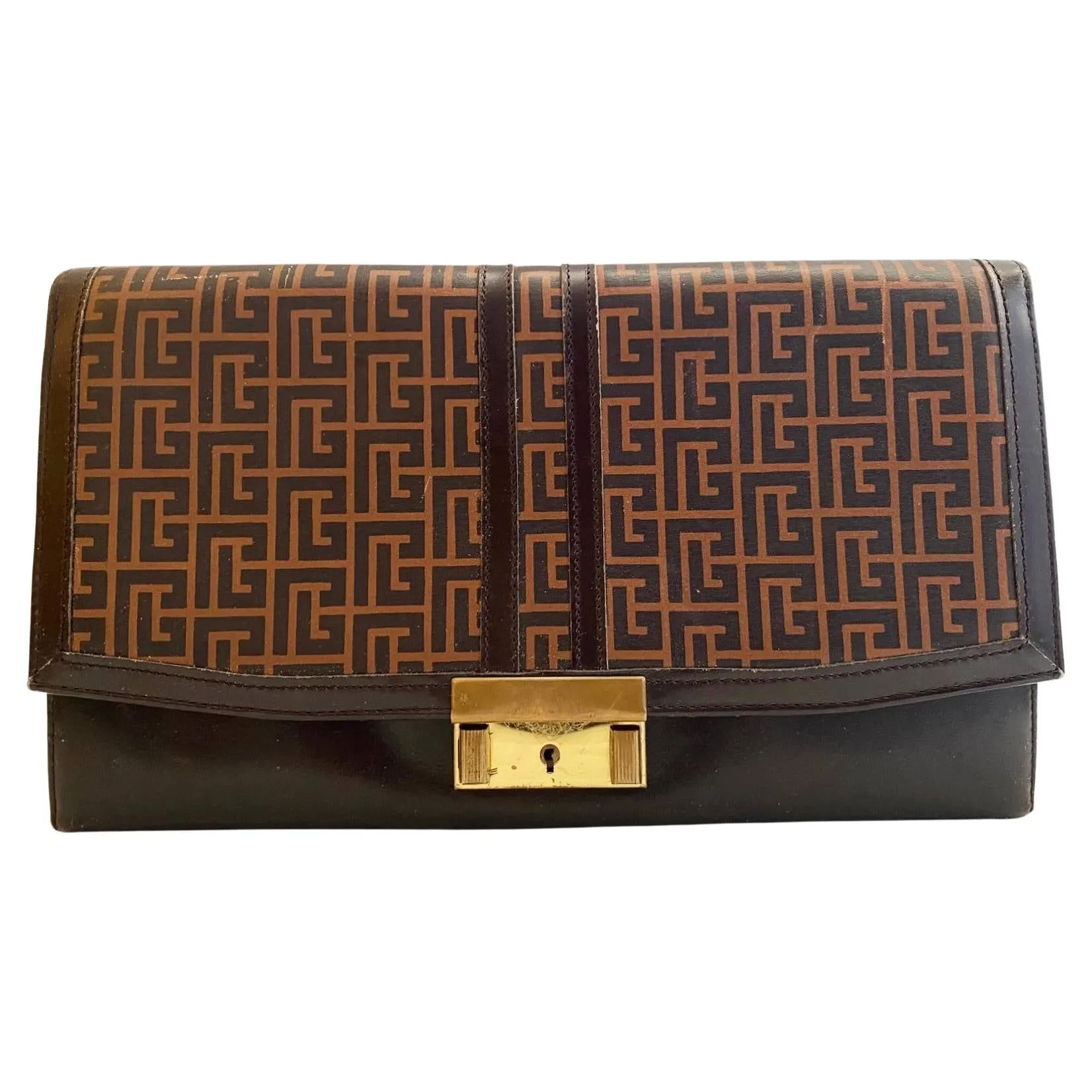 1970s Pierre Balmain Brown Geometric Print Leather Travel Wallet