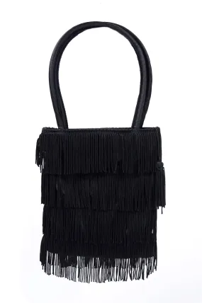 1990s Black Fringe Small Top Handle Evening Bag