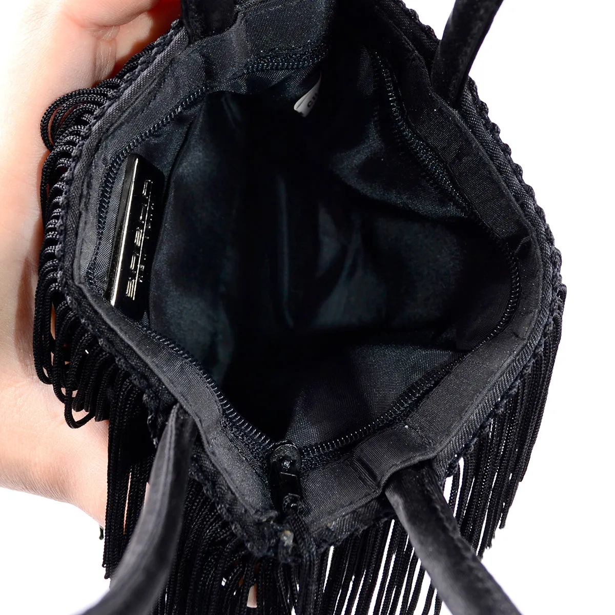 1990s Black Fringe Small Top Handle Evening Bag