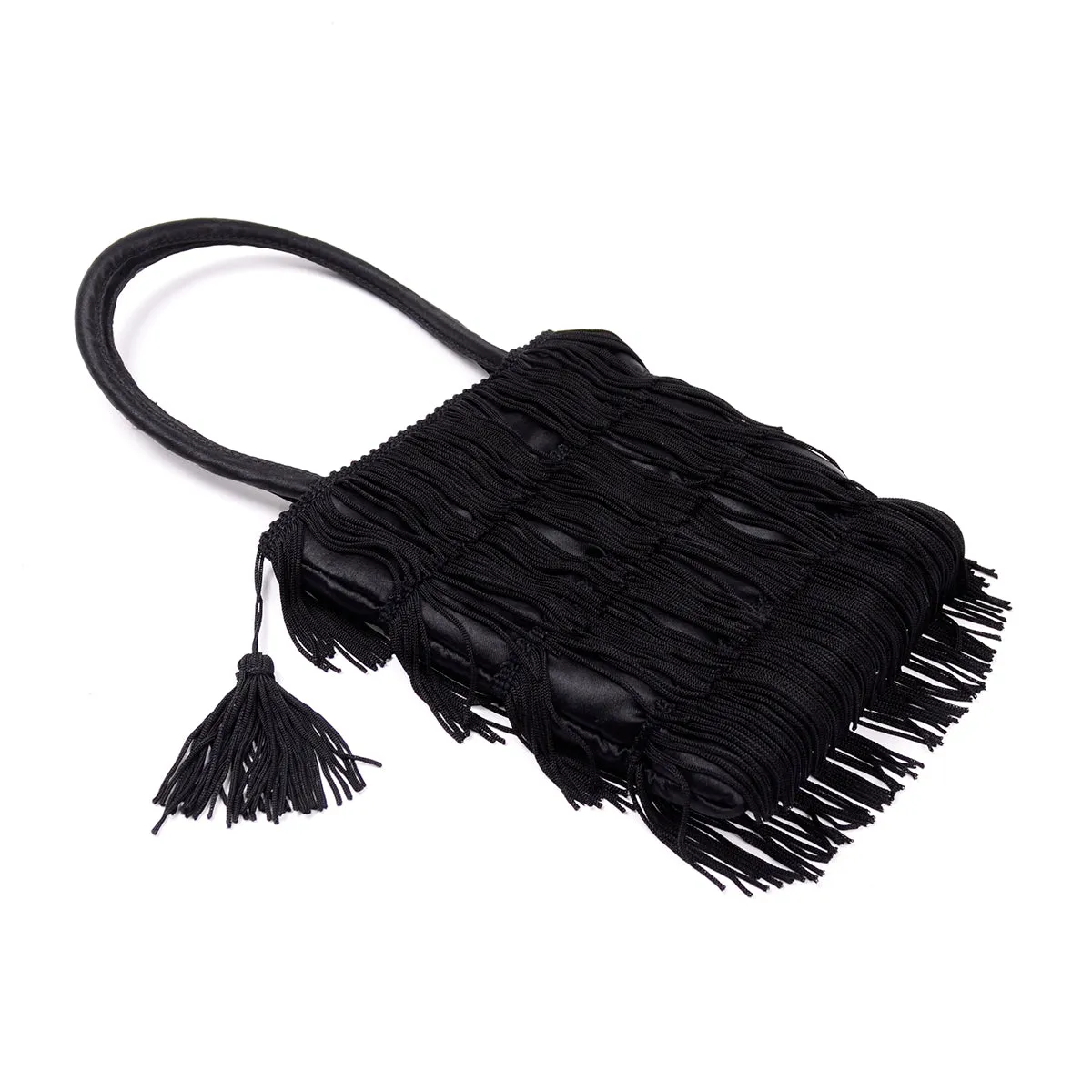 1990s Black Fringe Small Top Handle Evening Bag