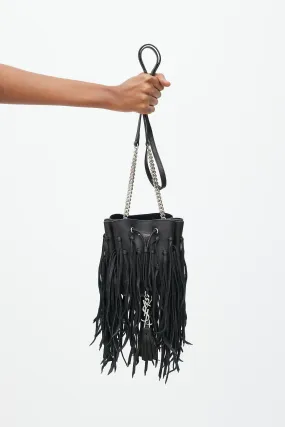 2015 Black Leather Fringe Monogram Mini Bourse Bucket Bag