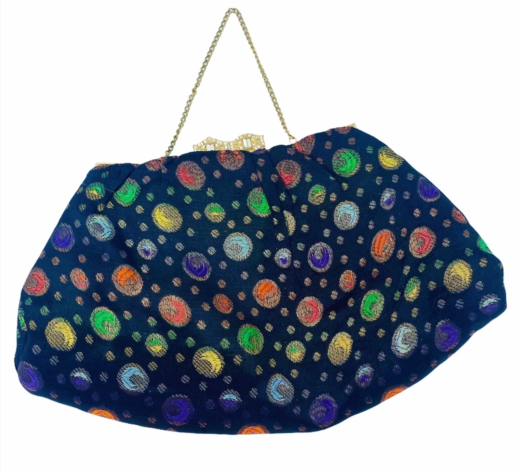 30s Evening Bag Black Lame Jacquard with Polka Dots