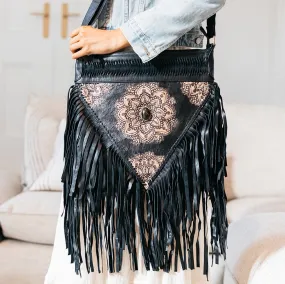 34586 Hand Tooled Detailed Stone & Fringe Bag - Black