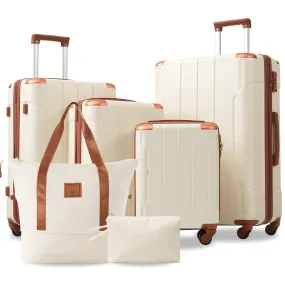 6-Piece Hardshell Luggage Set, Expandable with Wheels & TSA Lock White Brown