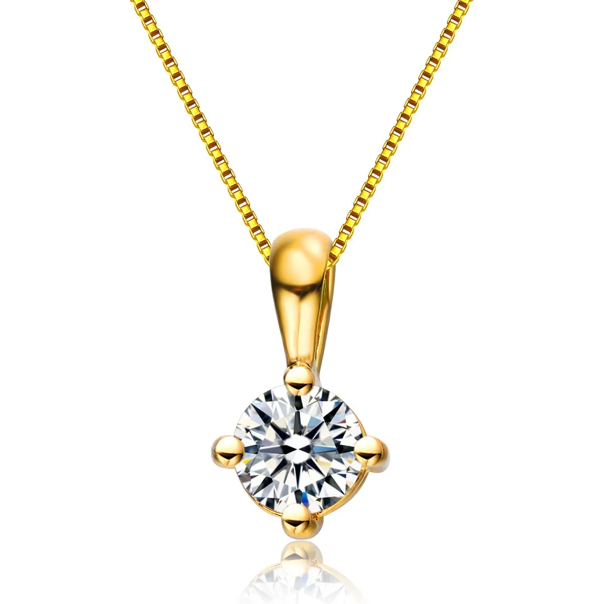 .925 Sterling Silver With Gold Plated Clear Round Cubic Zirconia Solitaire Necklace