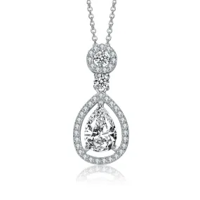 .925 Sterling Silver With Rhodium Plated Clear Pear With Round Cubic Zirconia Accent Drop Necklace