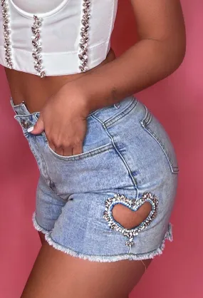 Angel Kisses Mid Blue Diamante Heart Denim Short