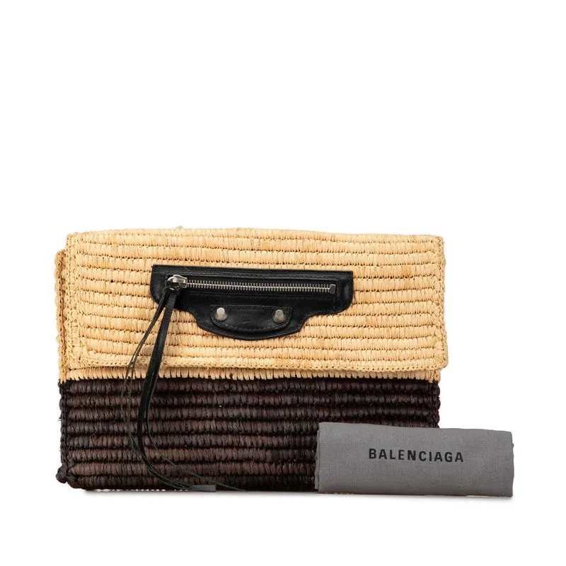 Balenciaga Raffia Leather Clutch Bag Beige Brown