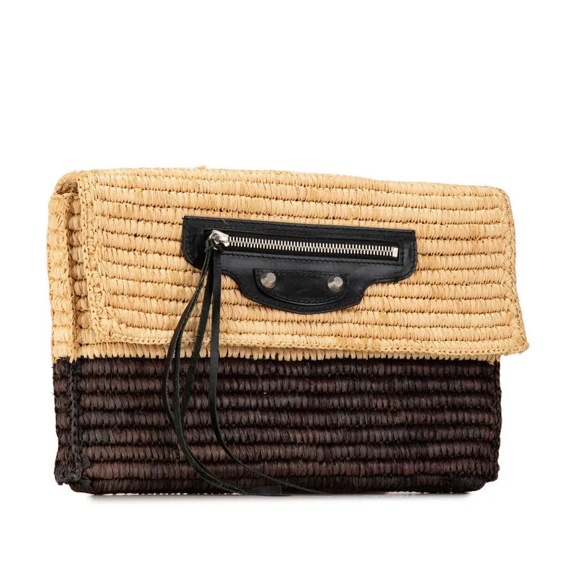 Balenciaga Raffia Leather Clutch Bag Beige Brown