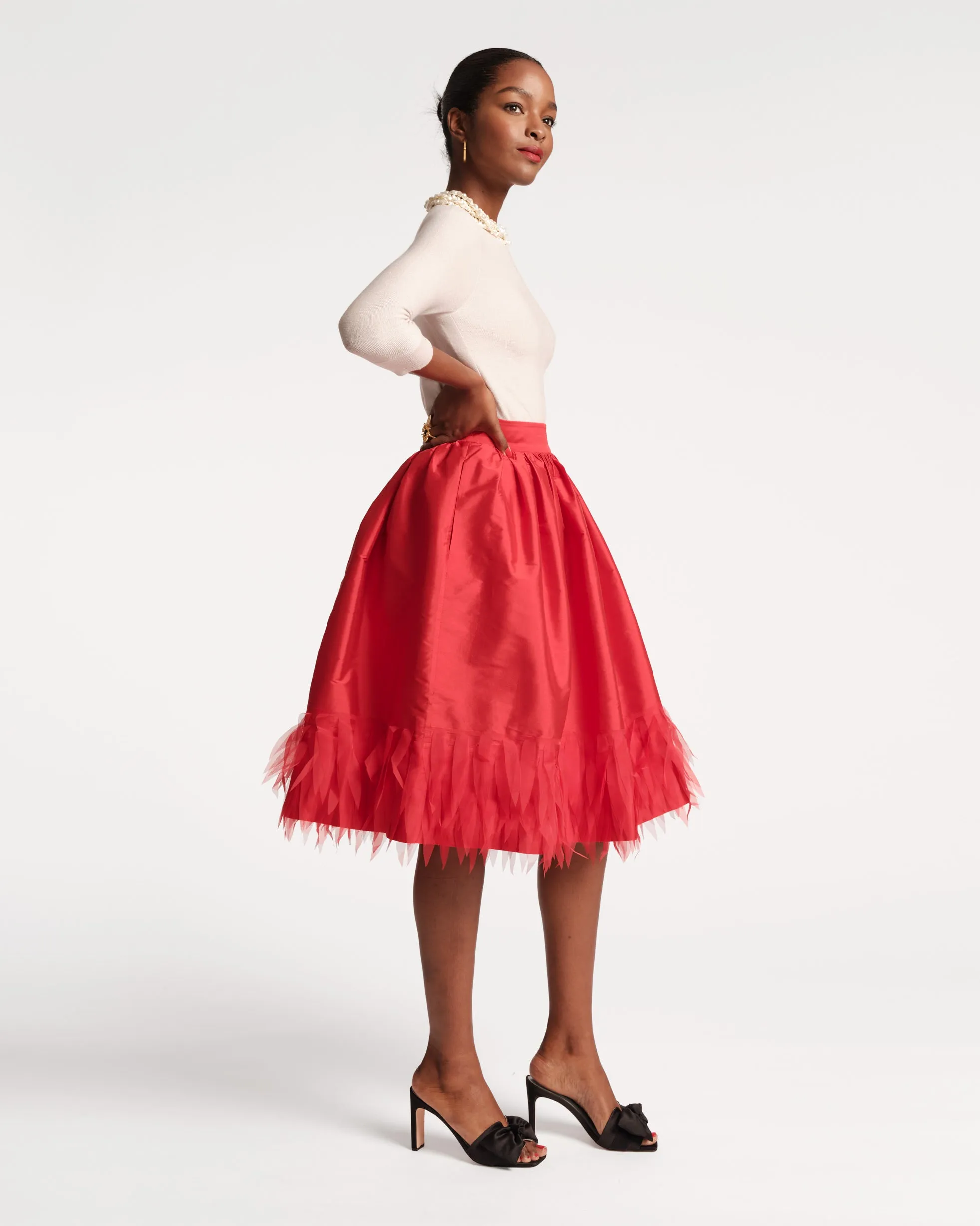 Barbara Midi Skirt Feather Fringe Red