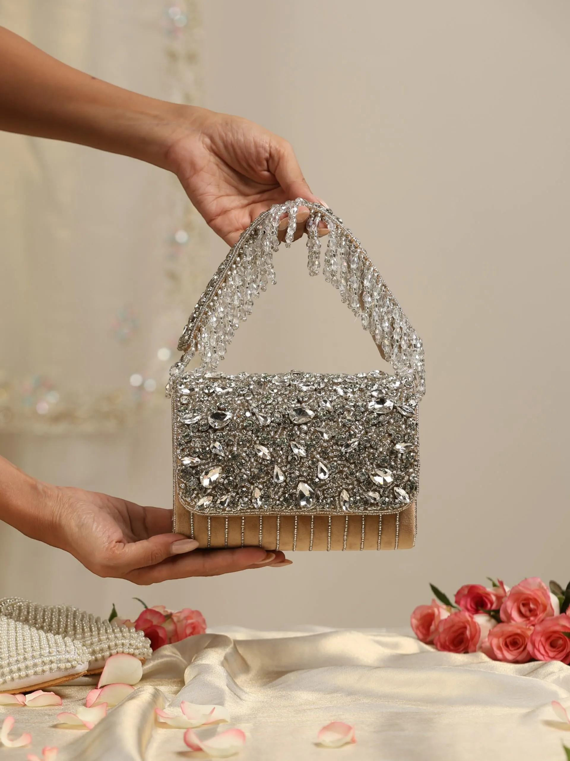 Beaded Silver and Fawn Clutch Bag