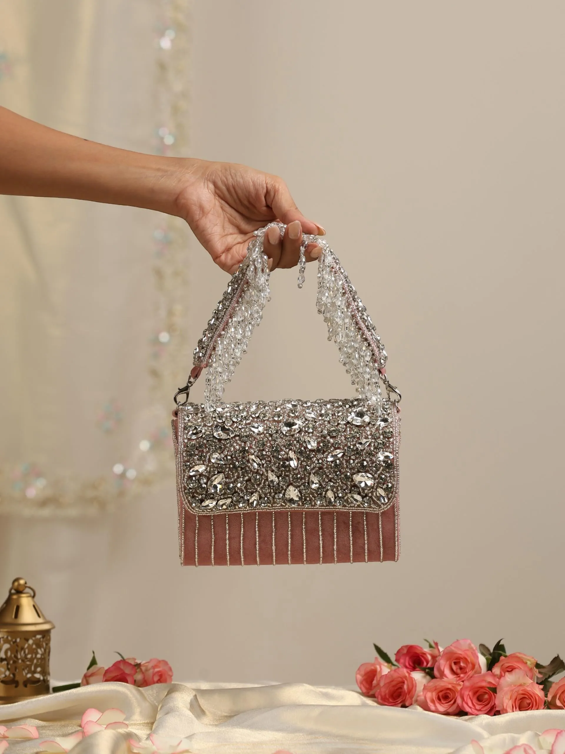 Beaded Silver and Pink Clutch Bag