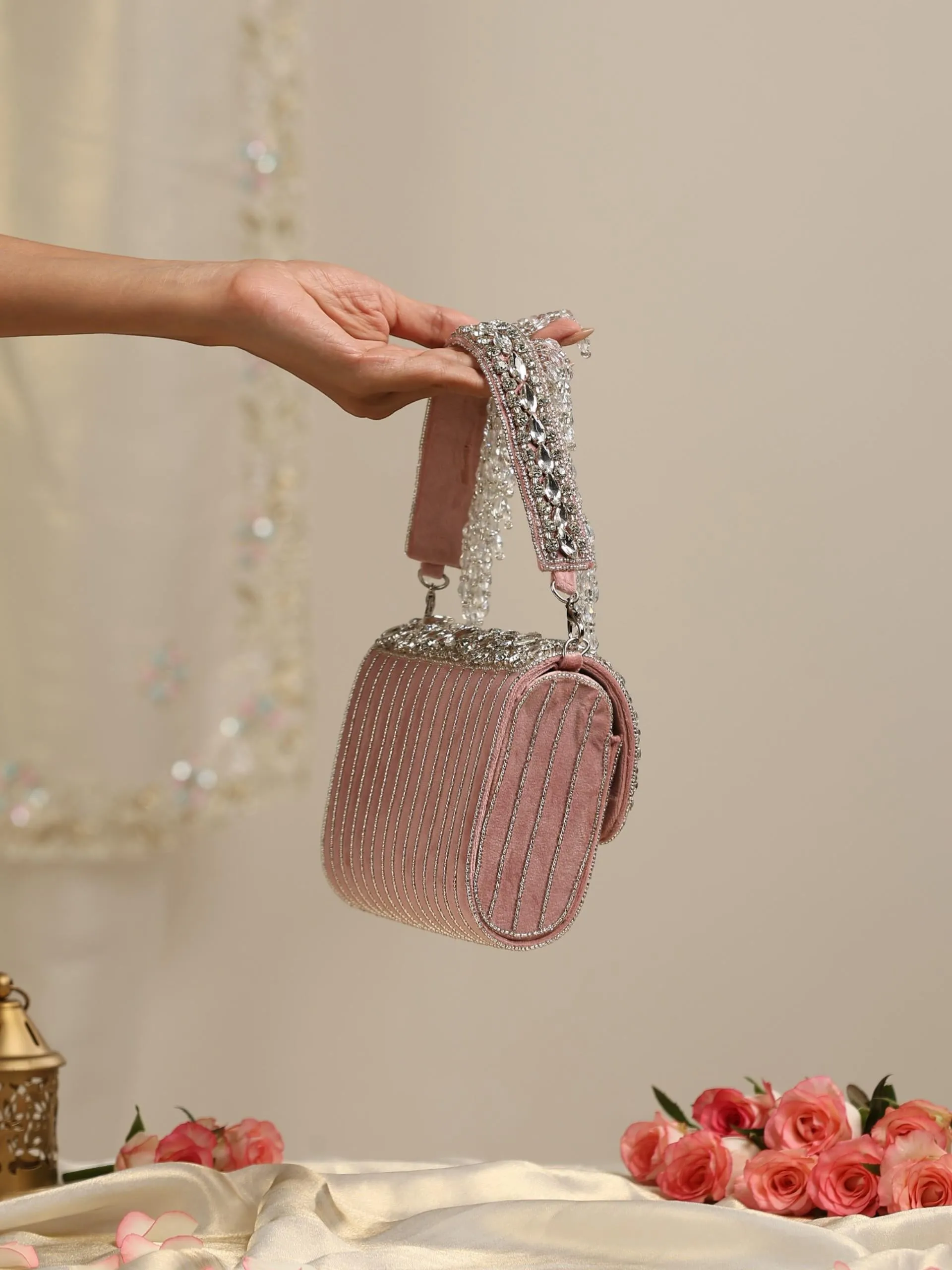 Beaded Silver and Pink Clutch Bag