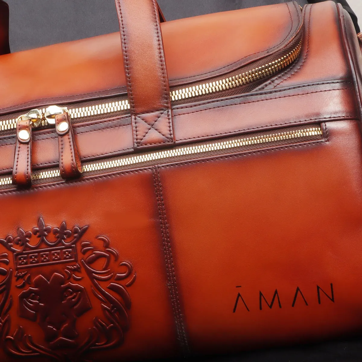 Bespoke Hand-Painted Tan Darker Embossed Lion Multi-Pockets Burnished Leather Duffle Bag By Brune & Bareskin