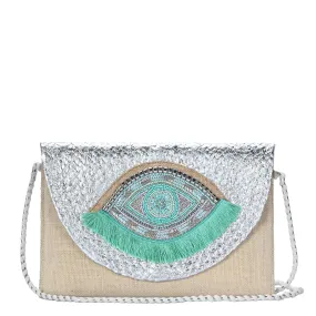 BGAIN307 Metallic Handbeaded Fringe Evil Eye Clutch/Crossbody