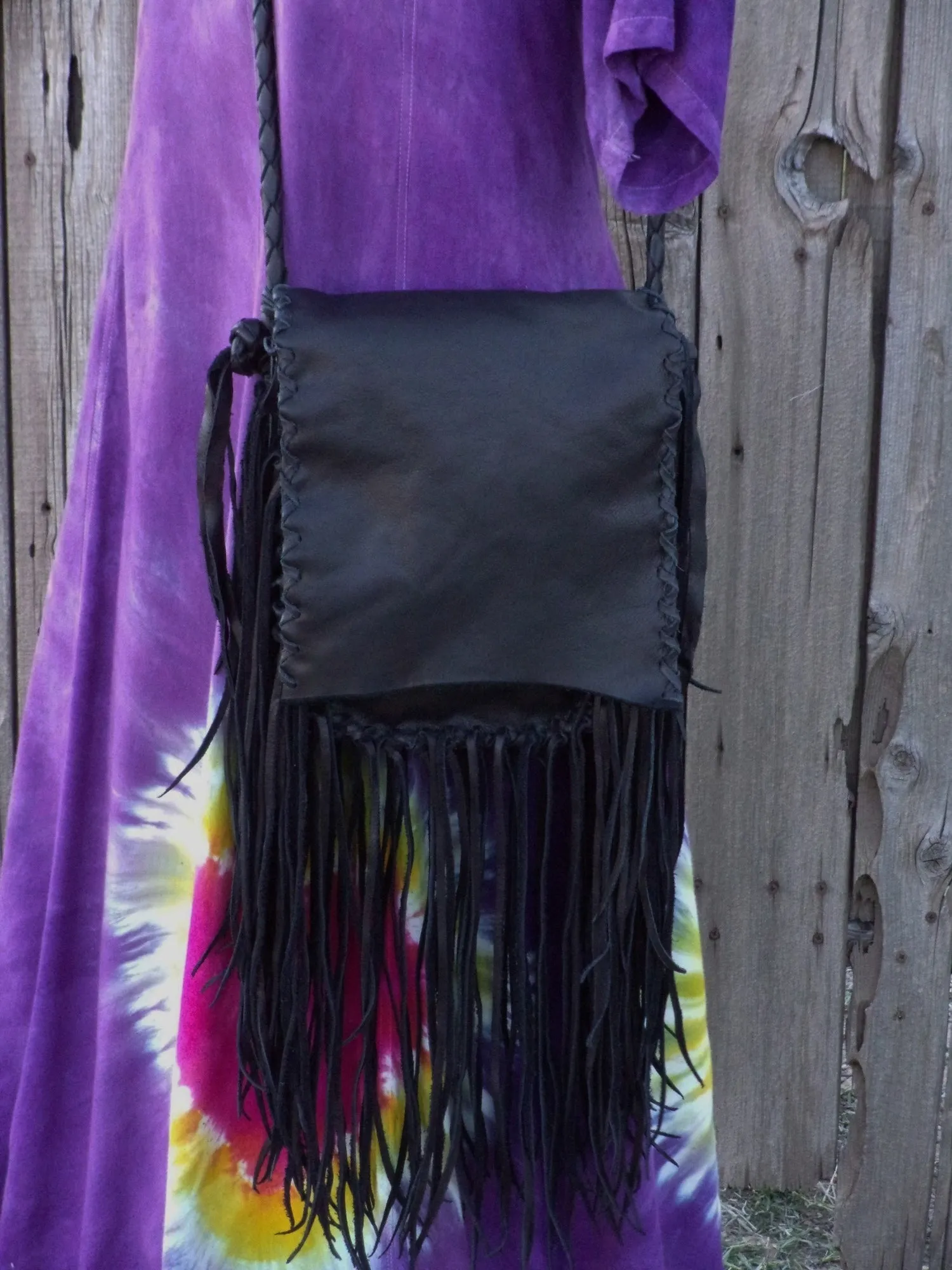 Black leather fringed handbag, bohemian style