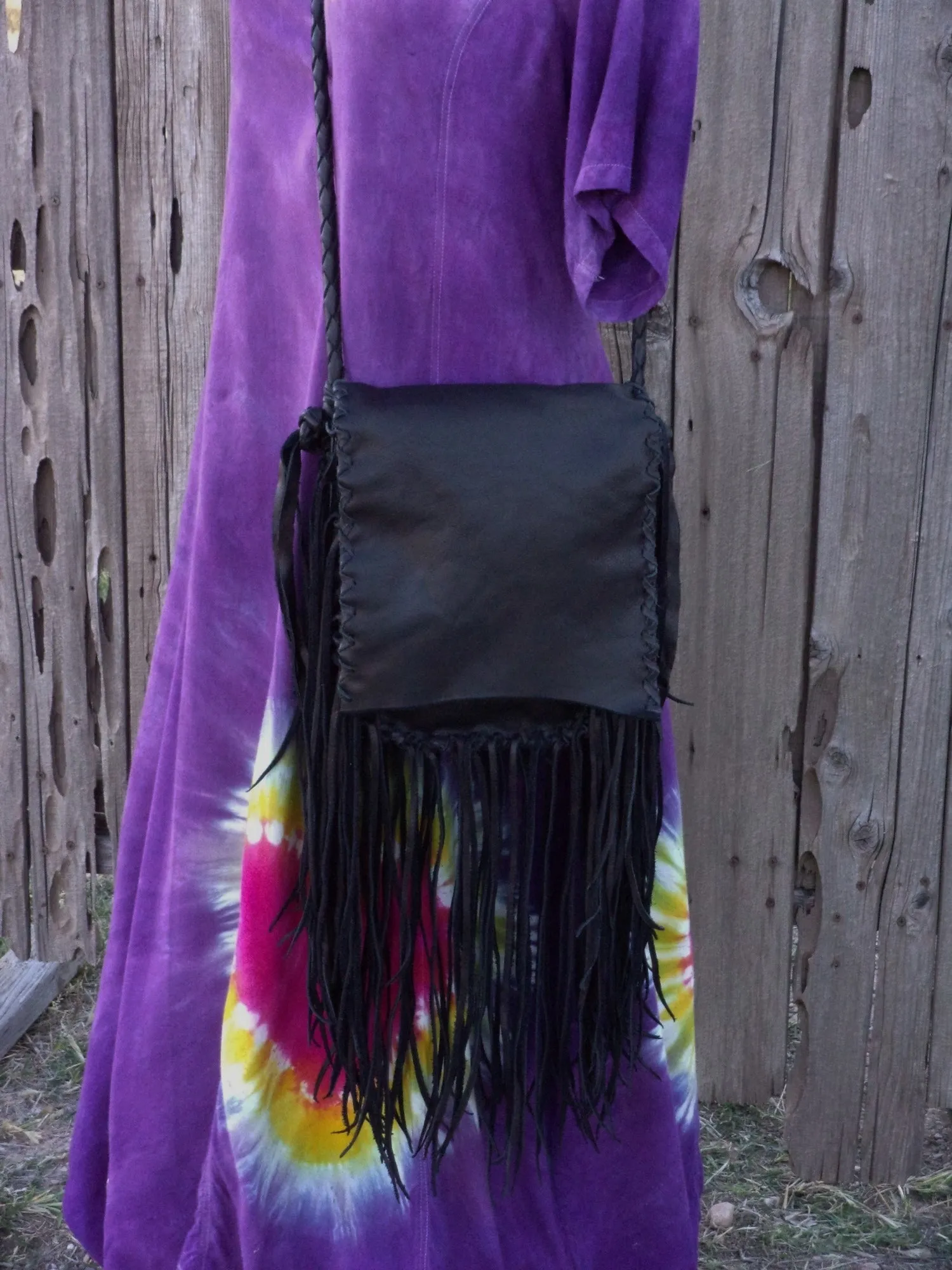 Black leather fringed handbag, bohemian style