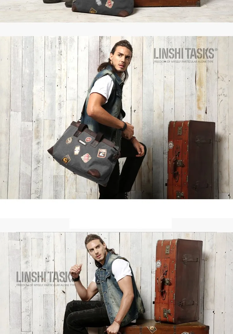 Black Mens Fashion Canvas Large Travel Bag Shoulder Canvas Weekender Bag Duffle Bag For Men