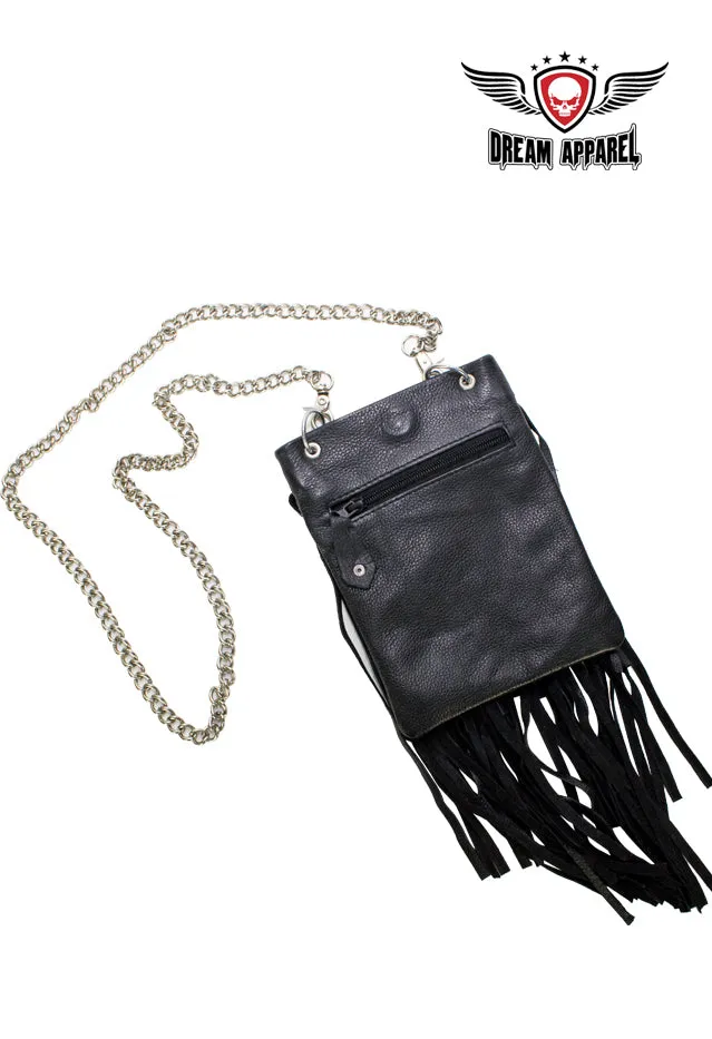 Black Naked Cowhide Leather Belt Bag w/ Chain and Fringe