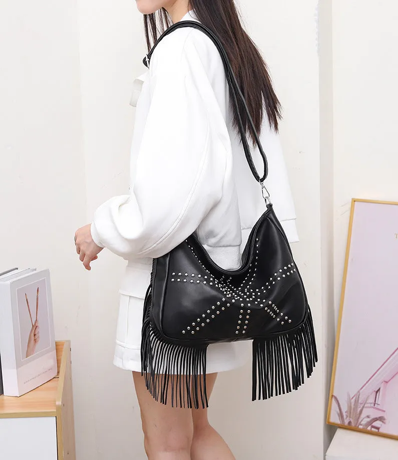 Black Trendy Rivet Fringe Shoulder Bag – Large Capacity Soft Leather Handbag for Women, Perfect for Travel and Leisure