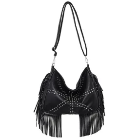 Black Trendy Rivet Fringe Shoulder Bag – Large Capacity Soft Leather Handbag for Women, Perfect for Travel and Leisure