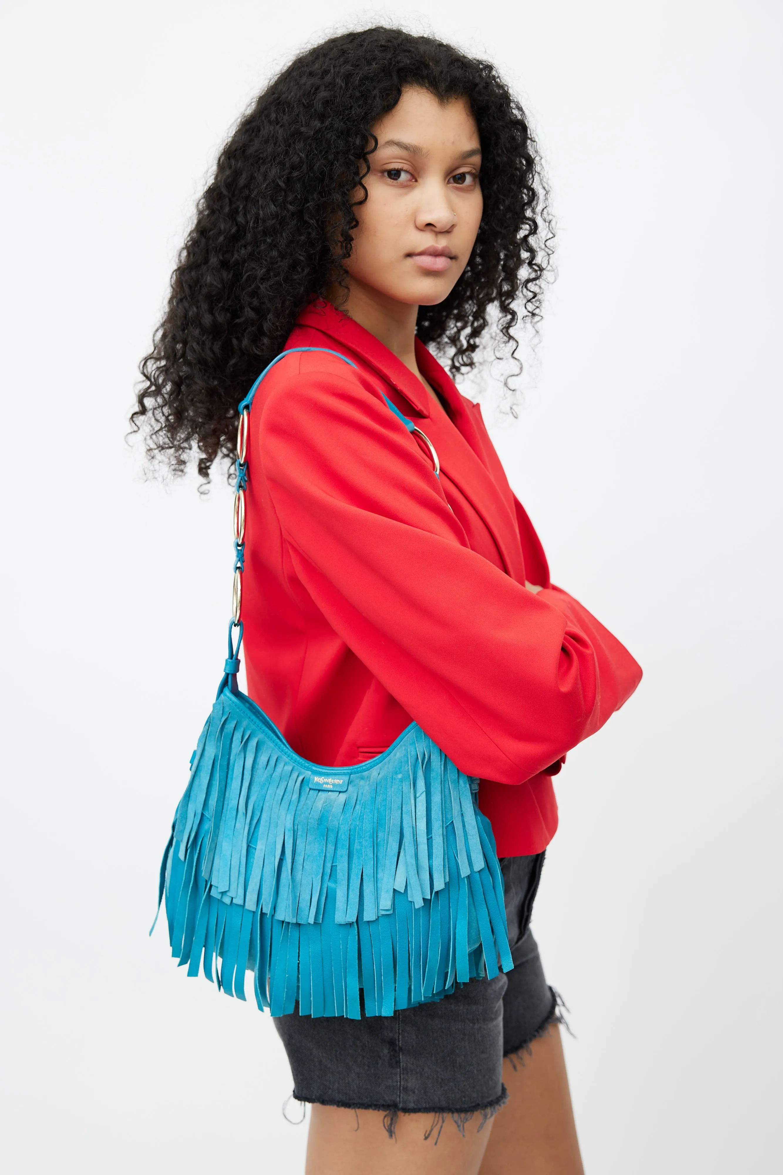 Blue Suede Boheme Fringe Shoulder Bag