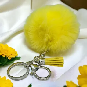 Bright Yellow Pompom Key Chain - 4” Fluffy Keyring Accessory