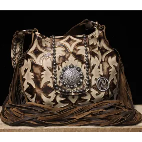 Brown and Cream Hobo Bag with Fringe