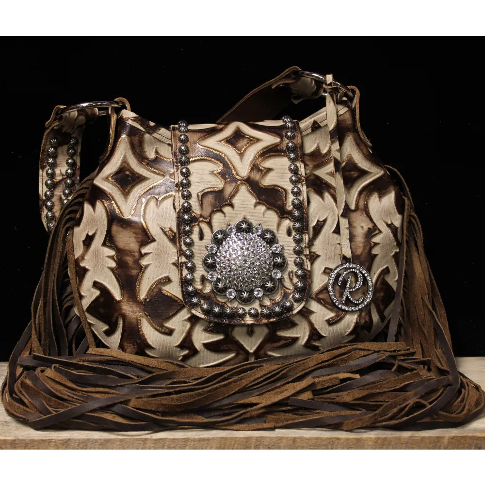 Brown and Cream Hobo Bag with Fringe