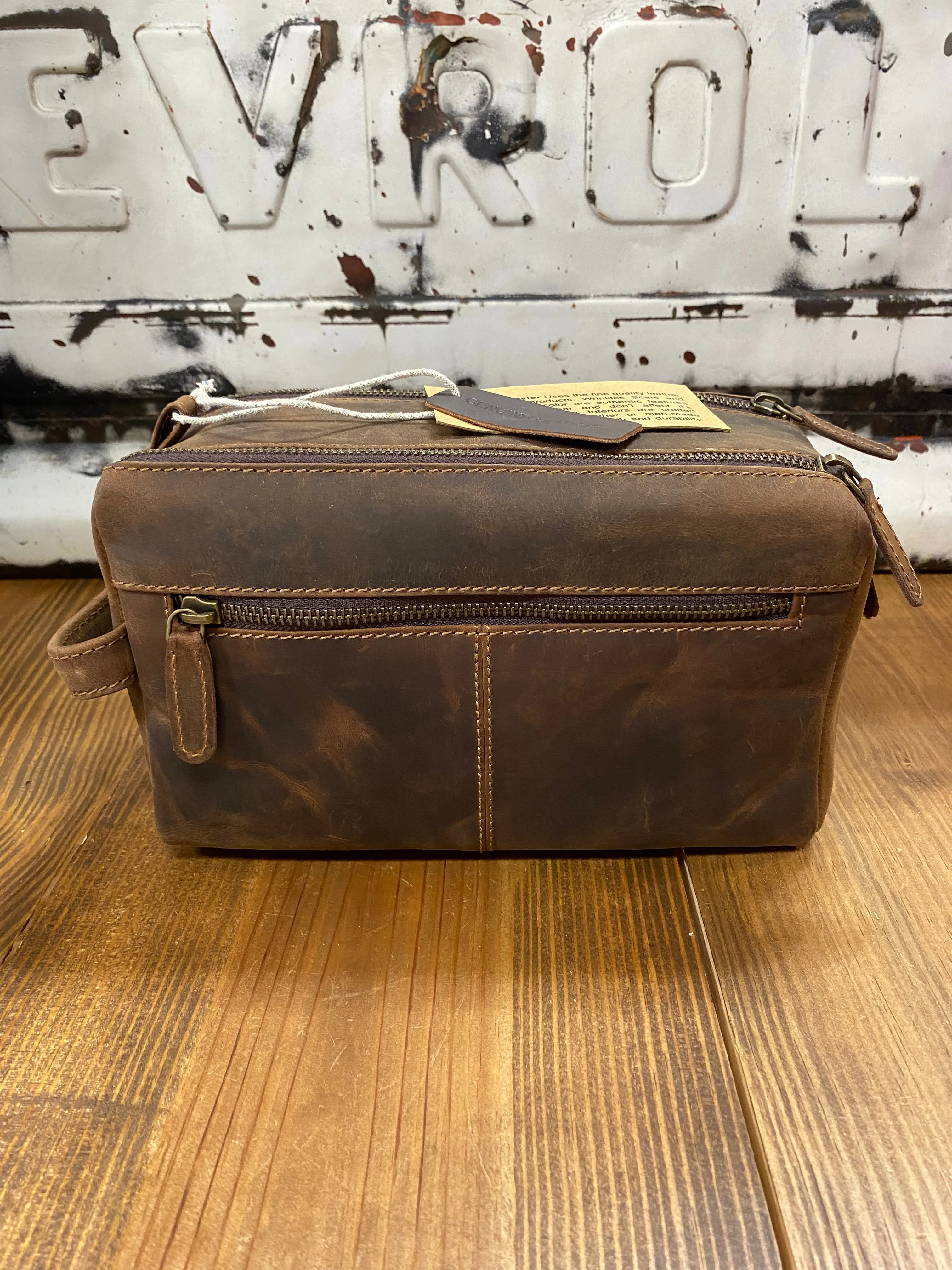 Brown Leather Double Zipper Medium Toiletry Bag