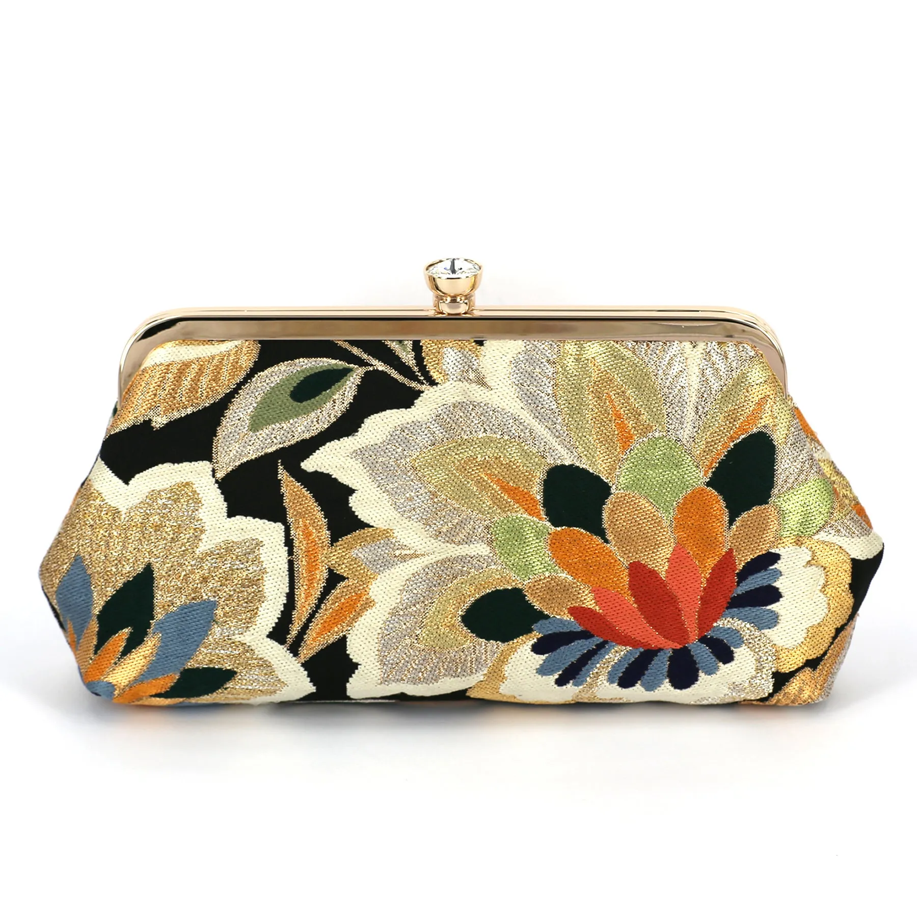 Camellia Clutch in heavy metallic thread brocade on Black Silk