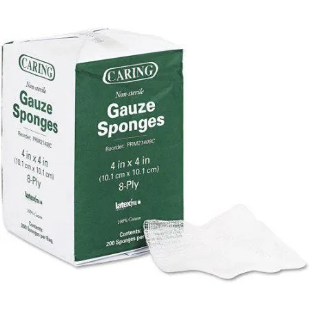 Caring Woven Non-Sterile Gauze Sponges 4" x 4" 12 ply Bag of 200