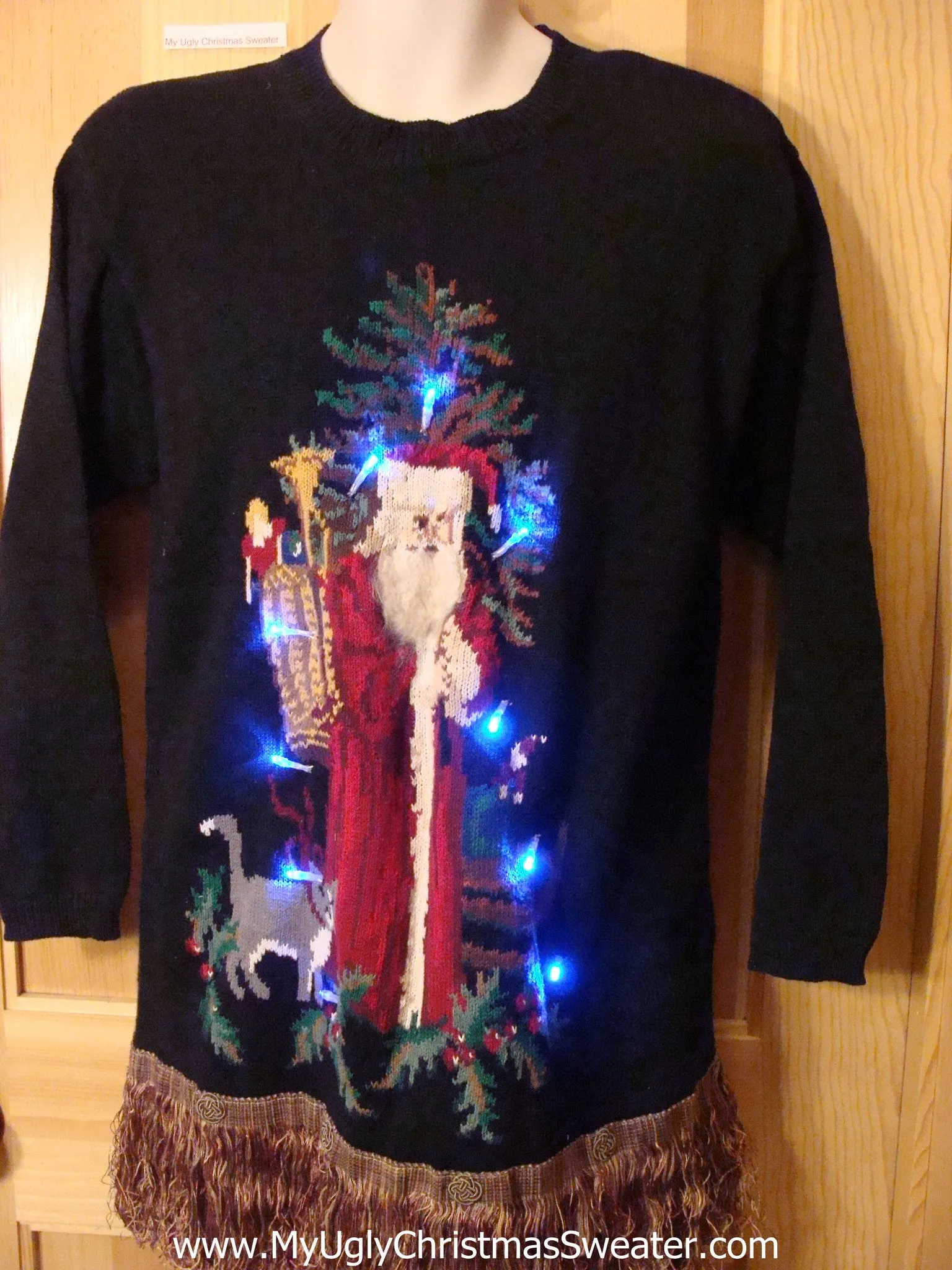 Christmas Sweater 80s with Santa, Cat, and Lights