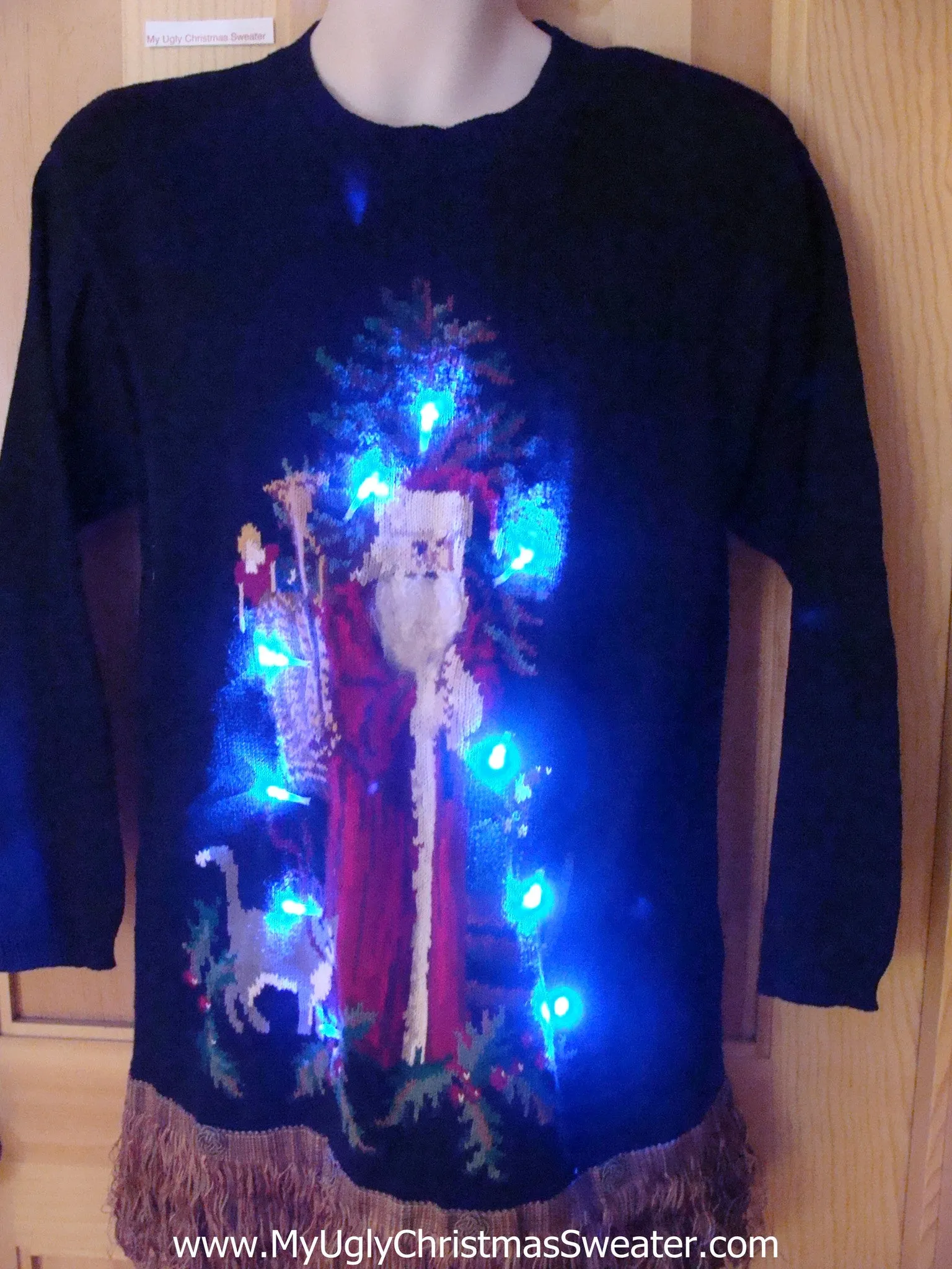 Christmas Sweater 80s with Santa, Cat, and Lights