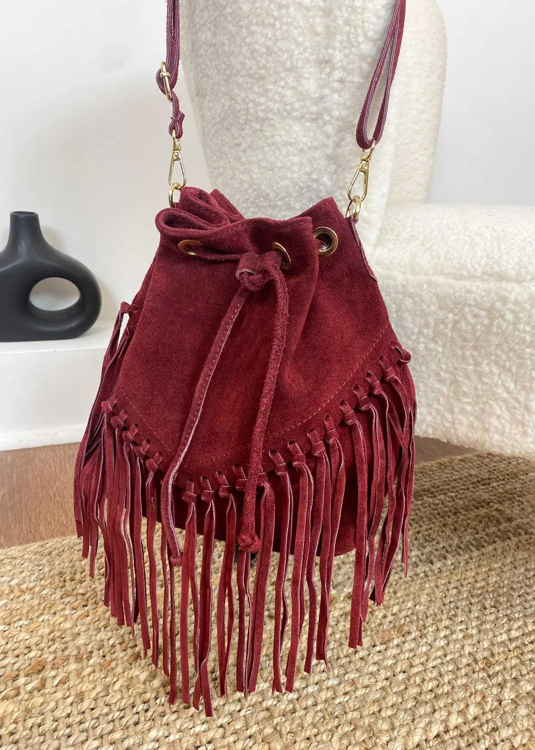 Dutton Suede Fringe Bucket Bag in Red