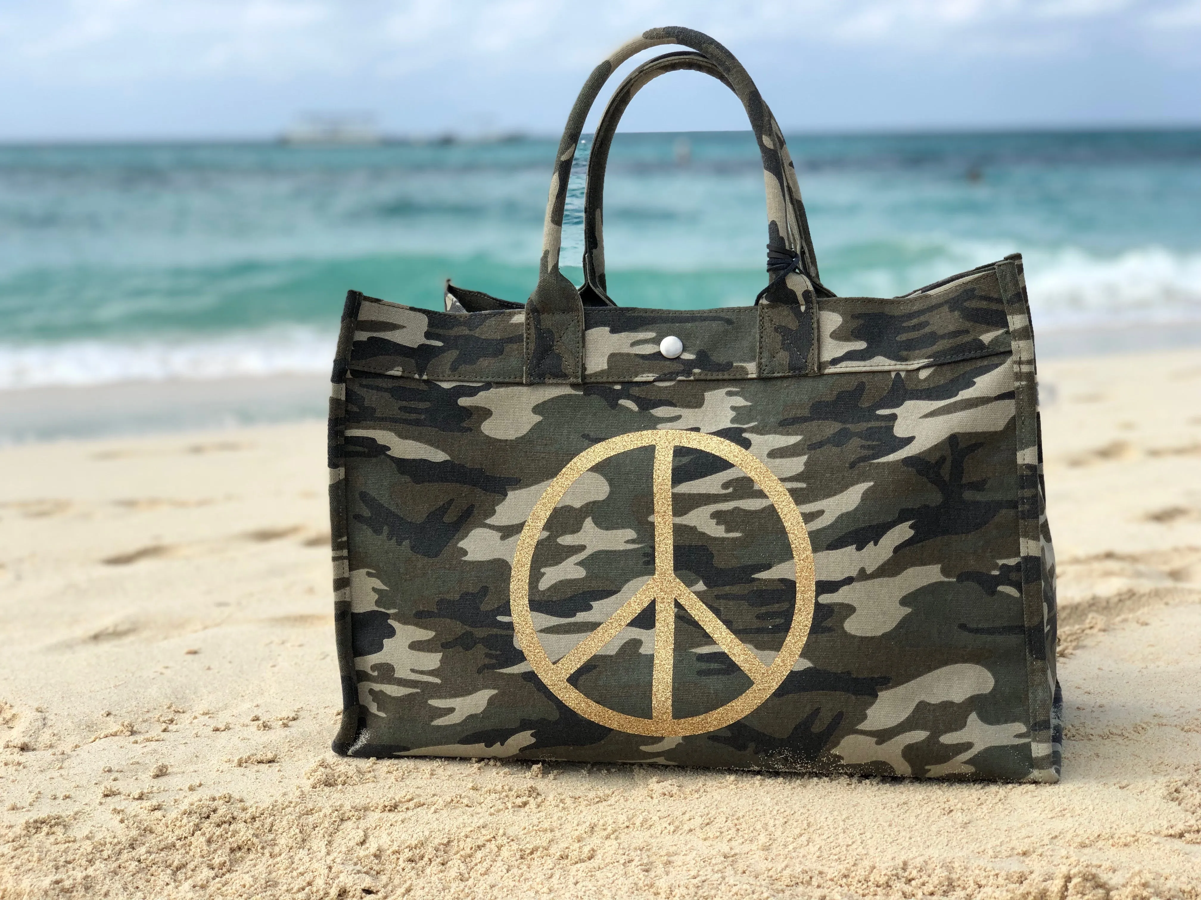 East-West Bag Green Camouflage with Jumbo Peace Sign