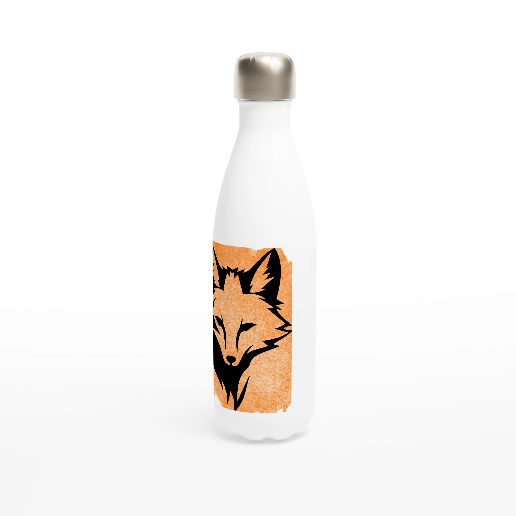 Elegant Fox Portrait Water Bottle – White 17oz Stainless Steel with Orange Brushstroke Design