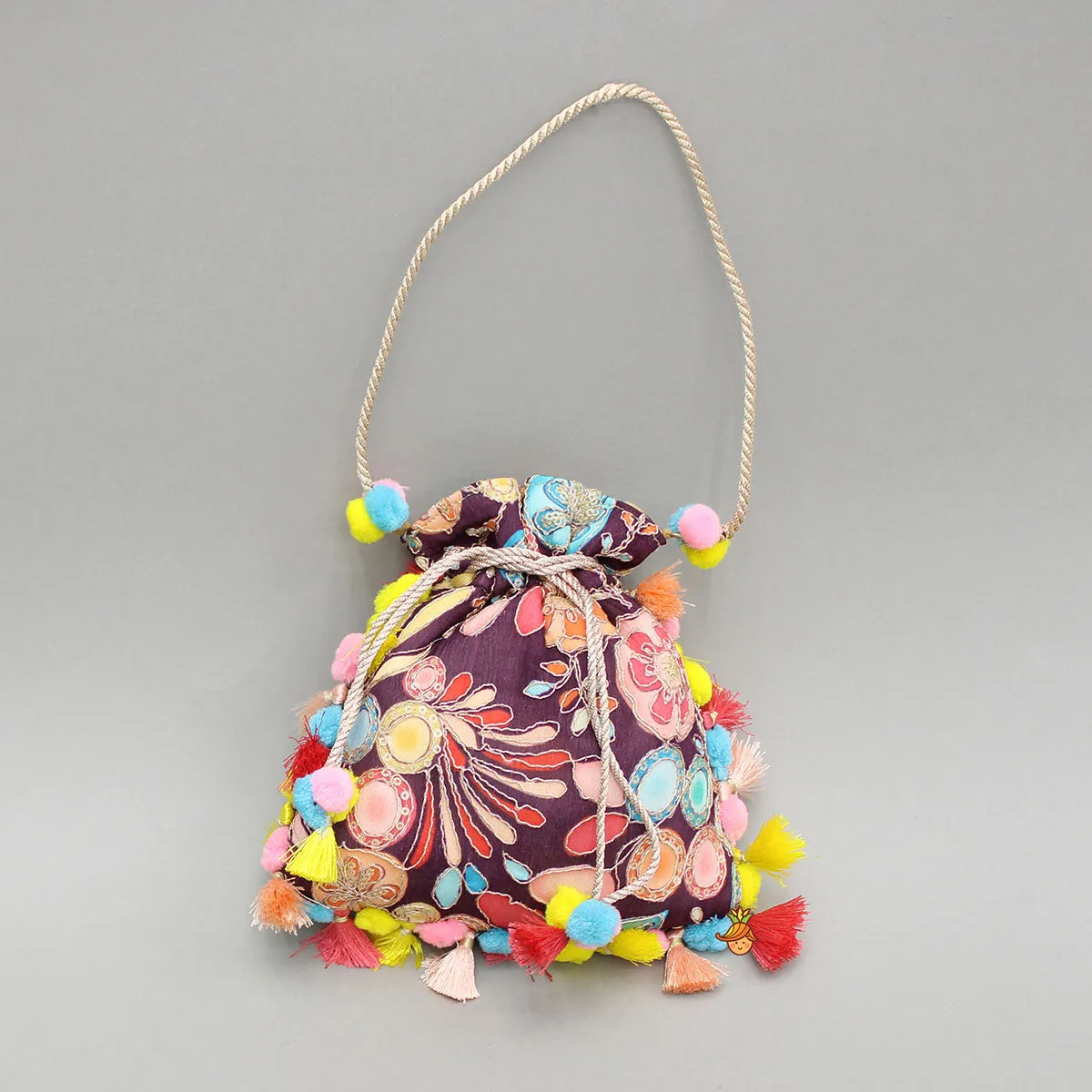 Embroidered And Printed Wine Potli Bag