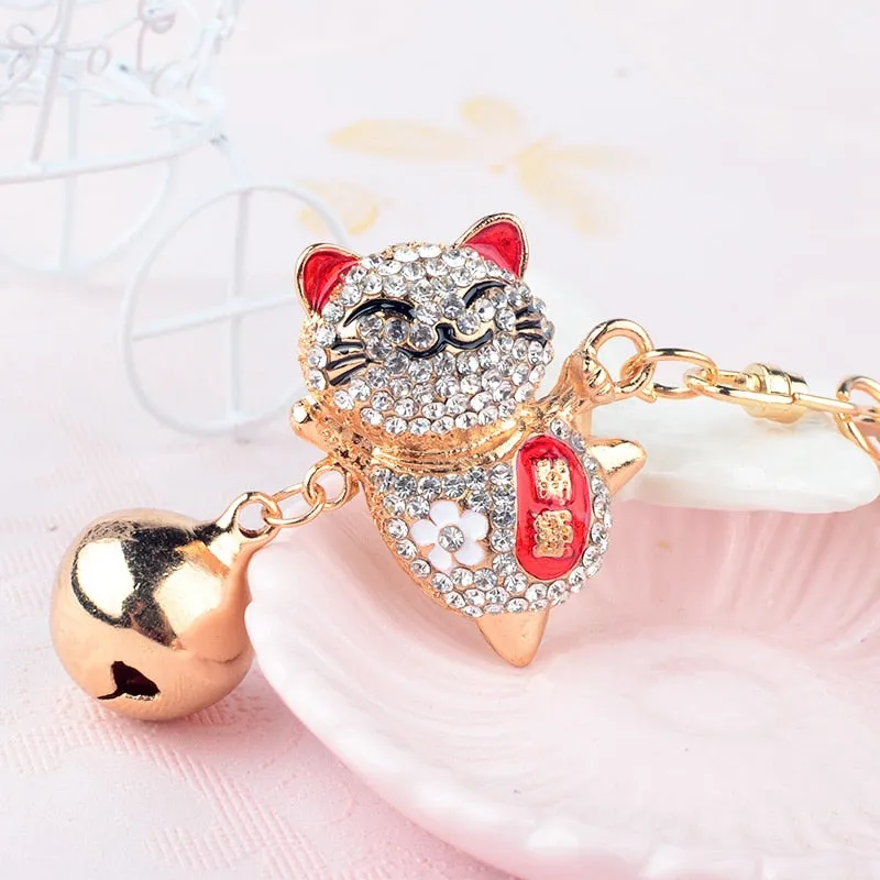 Fashion Women Lovely Happy Cat Bells Keychains Rhinestones Bag Keyring Handbag Charms Animal Key Holders