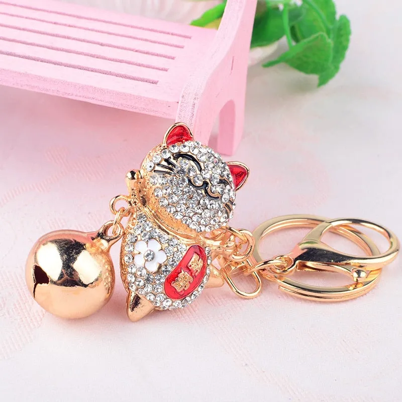 Fashion Women Lovely Happy Cat Bells Keychains Rhinestones Bag Keyring Handbag Charms Animal Key Holders