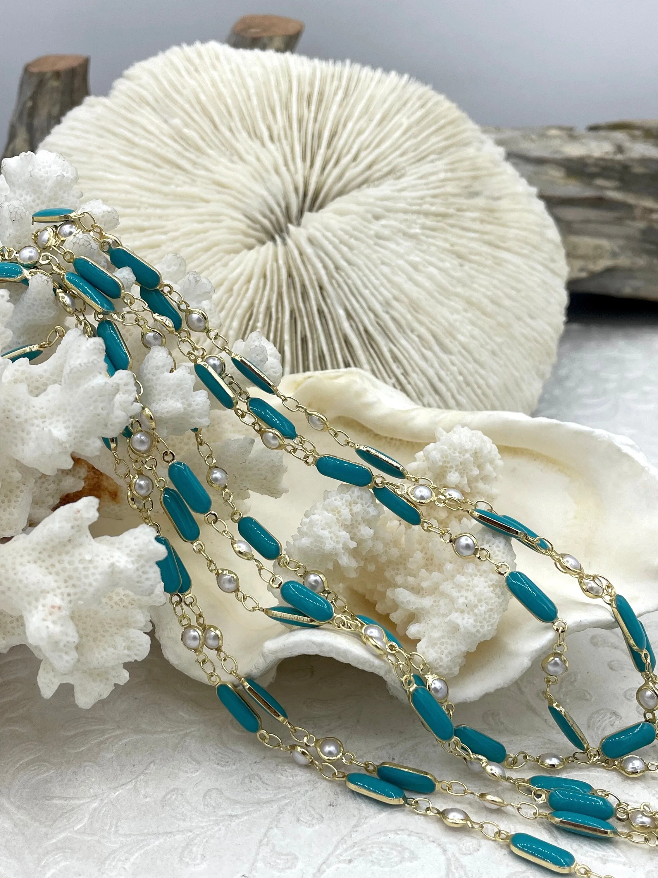 Faux Pearl Beaded Rosary Chain with Teal Enamel, White Pearls with Gold Wire And Teal Accents, Gold Plated Brass Wire, by the foot,Fast Ship