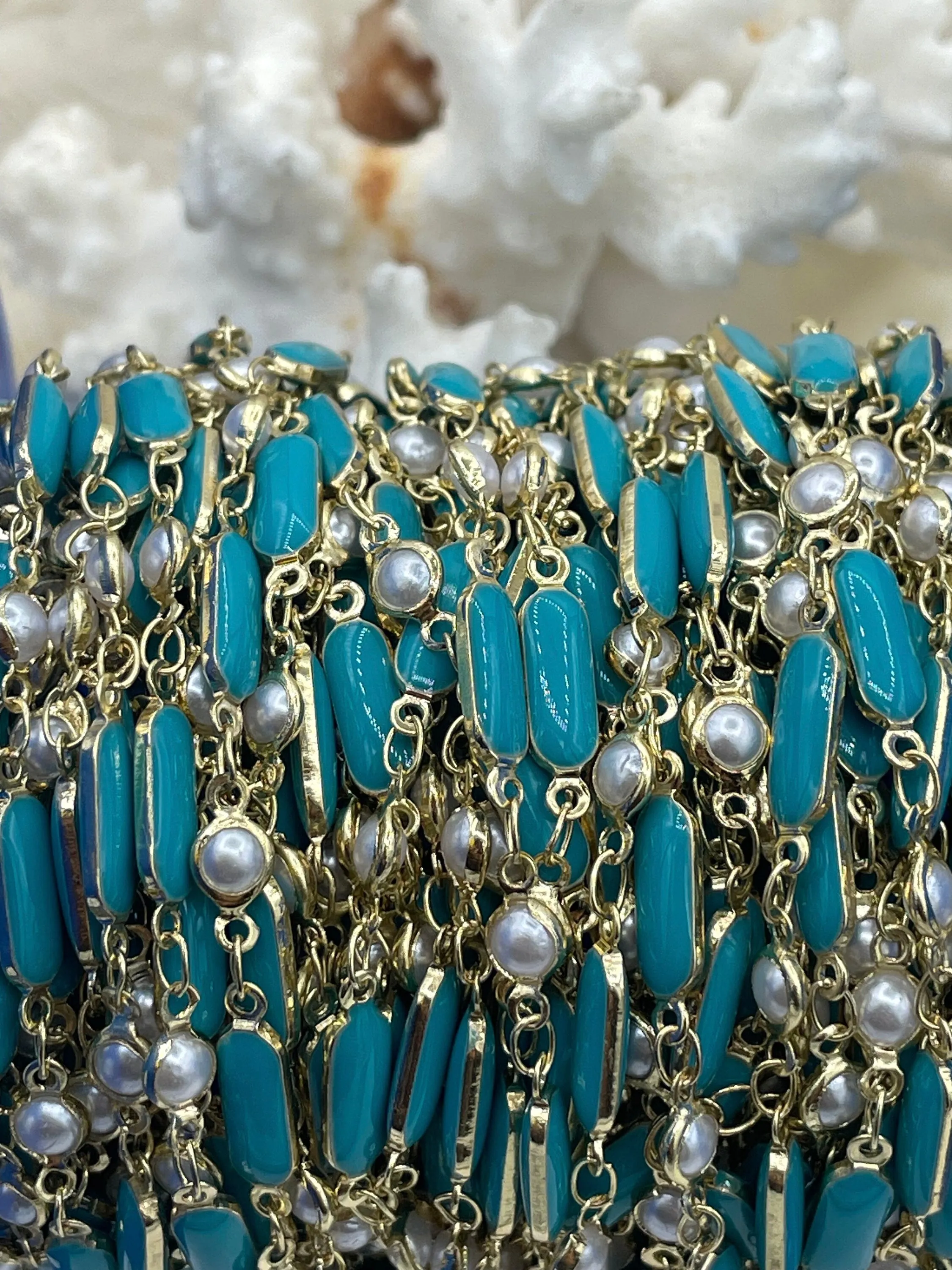 Faux Pearl Beaded Rosary Chain with Teal Enamel, White Pearls with Gold Wire And Teal Accents, Gold Plated Brass Wire, by the foot,Fast Ship