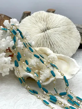 Faux Pearl Beaded Rosary Chain with Teal Enamel, White Pearls with Gold Wire And Teal Accents, Gold Plated Brass Wire, by the foot,Fast Ship