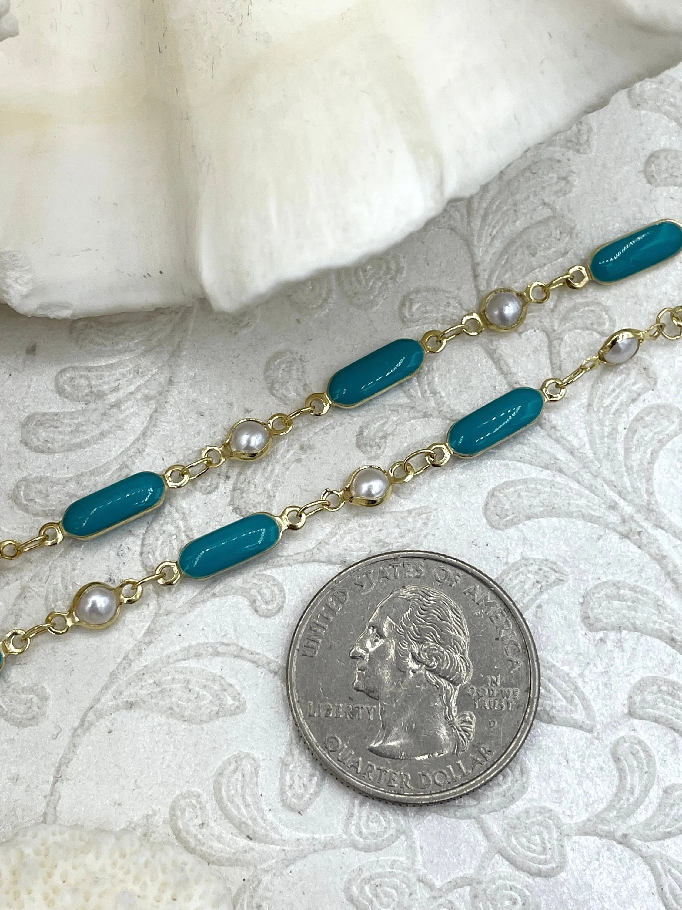 Faux Pearl Beaded Rosary Chain with Teal Enamel, White Pearls with Gold Wire And Teal Accents, Gold Plated Brass Wire, by the foot,Fast Ship