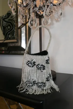 Floral Beaded Fringe Purse - Silver