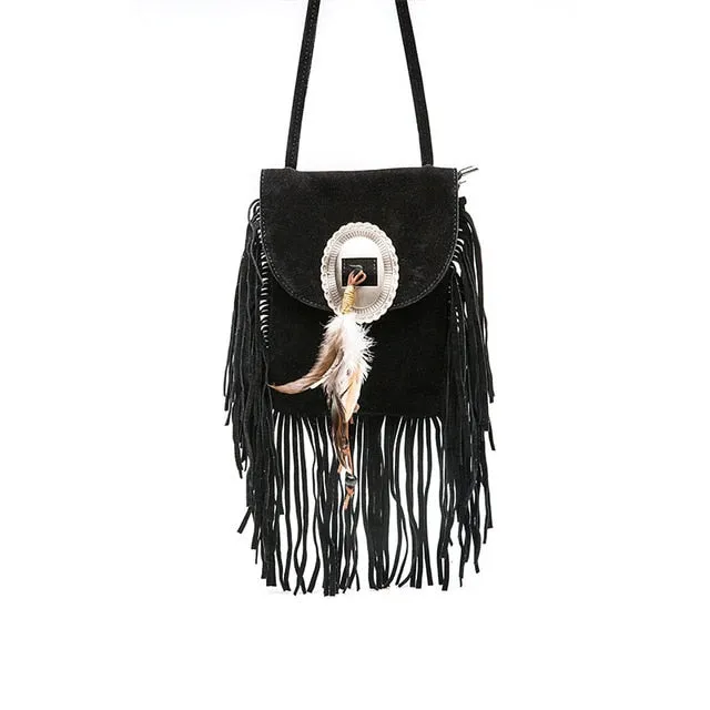 Fringe and Feather Tasselled Shoulder Bag