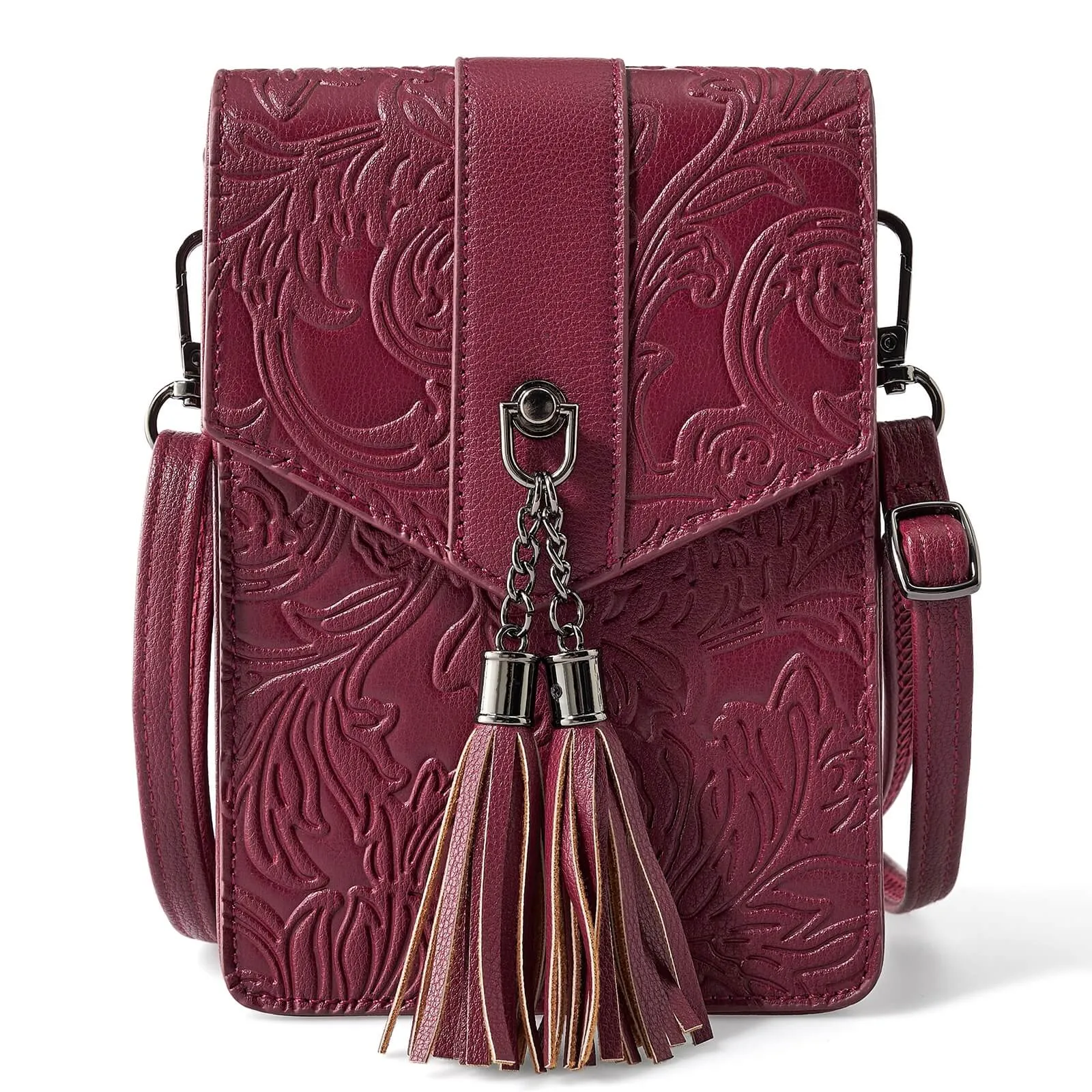 Fringe decorated orchid embossed Shoulder Bag