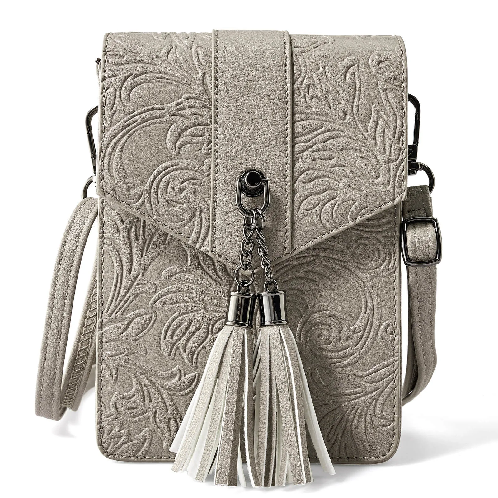 Fringe decorated orchid embossed Shoulder Bag